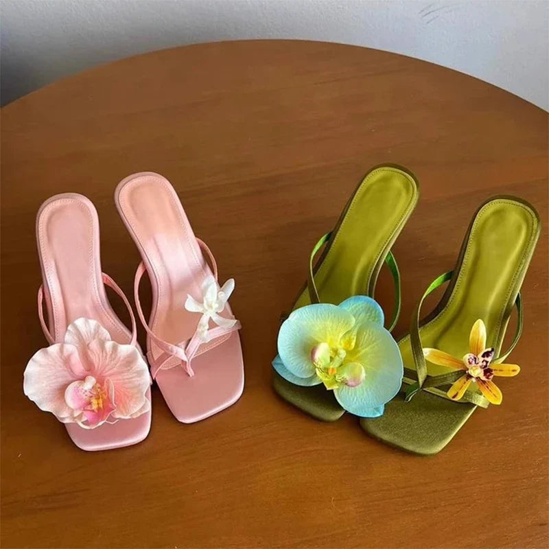 Sweet Summer Bright Color Asymmetrical Flower Decoration Sandals Silk Clip Thin Heel Flip Flops Casual Beach Vacation High Heel