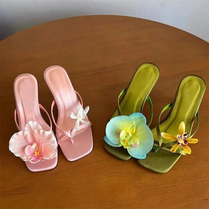Sweet Summer Bright Color Asymmetrical Flower Decoration Sandals Silk Clip Thin Heel Flip Flops Casual Beach Vacation High Heel