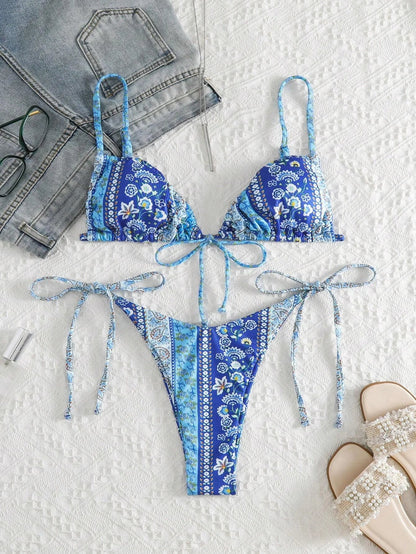 New Floral Print String Bandage Bikinis Triangle Cup Push Up Swimsuit Women Bathing Suit Beachwear Halter Swimwear XS