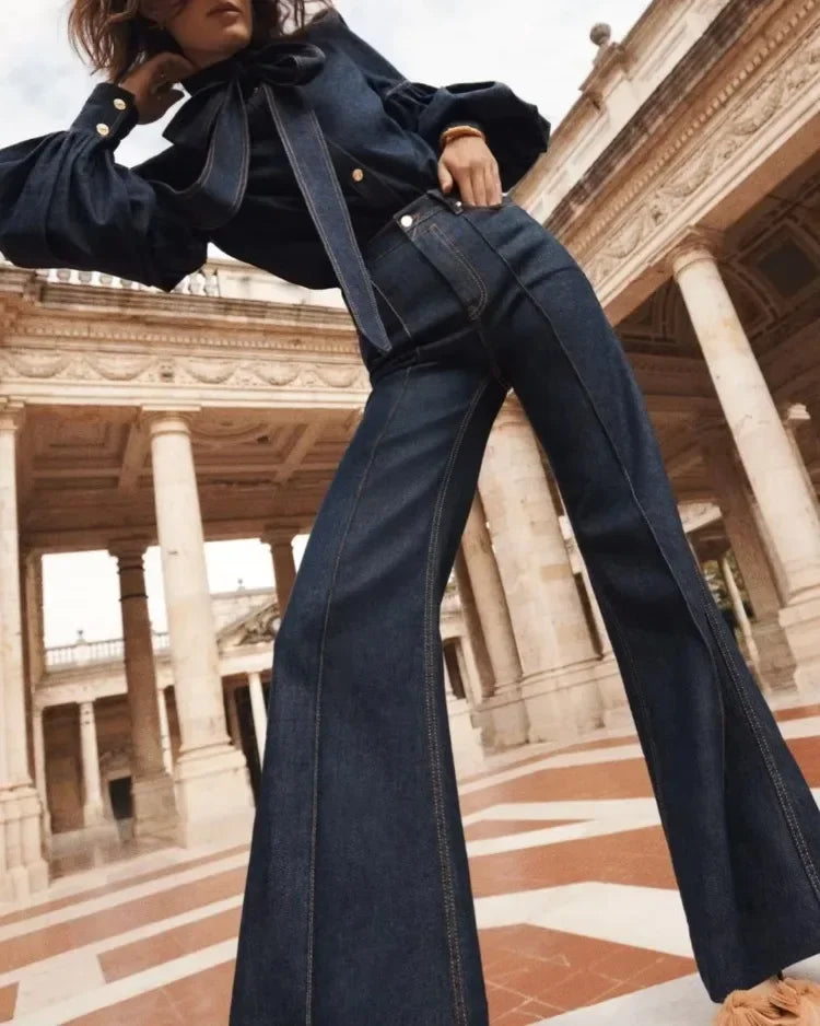 Women's Flared Pants New Autumn Fashion Imitation Denim Jeans High Waisted Loose Fit Split-Joint Casual Trousers