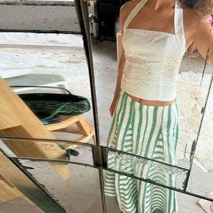 Casual Striped Vest Skirt Suits Women O-neck Sleeveless Bow Tops Pleated Long Skirts 2025 Summer Chic Office Lady Sets New