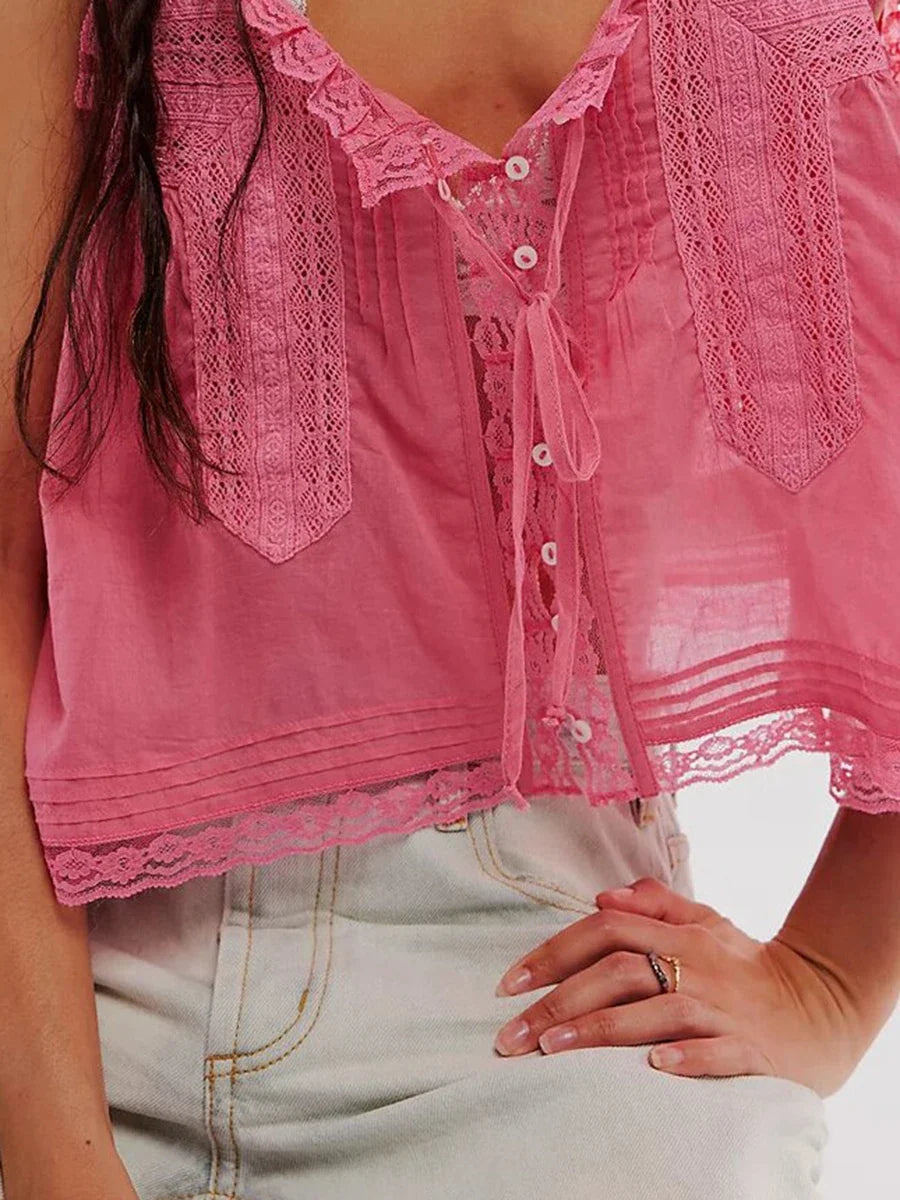White Lace Trim Tank Top Women U Collar Single Breasted Drawstring Vest Summer Casual Fashion Hollow Out Camisole 2025 New