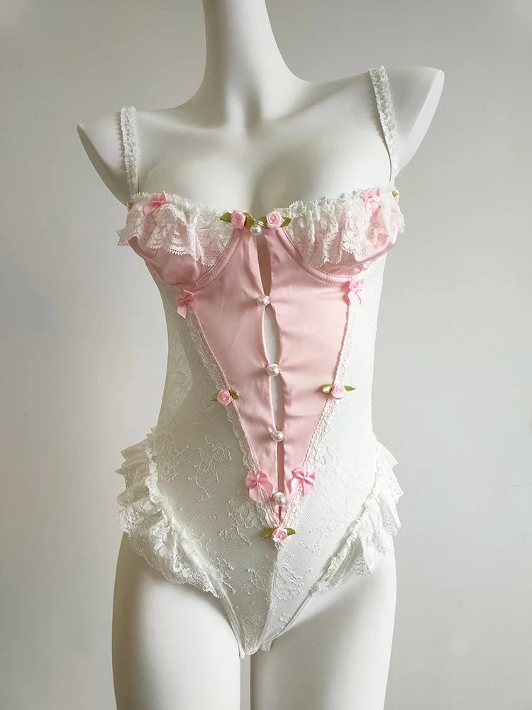 Sweet Bodysuits Women Floral Bows Decoration Mesh Patchwork Lace Trim Hollow Out Backless Bottoming Tops Cute Tee Kawaii Clothes