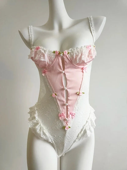 Sweet Bodysuits Women Floral Bows Decoration Mesh Patchwork Lace Trim Hollow Out Backless Bottoming Tops Cute Tee Kawaii Clothes