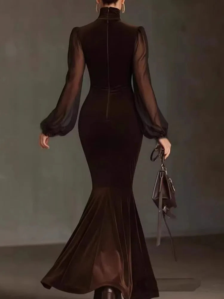 Spring Autumn Velvet Dress Women Long Sleeve Turtleneck Solid Sexy Elegant Evening Party Skinny Stretch Bodycon Dresses