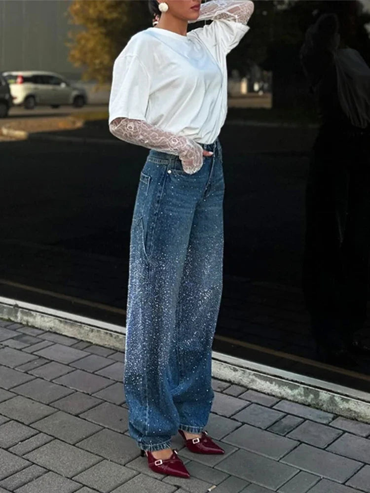 Chic Rhinestone Straight Denim Pants Women Vintage Loose High Waist Cowboy Long Pant Female New Design Spring Chic Streetwear