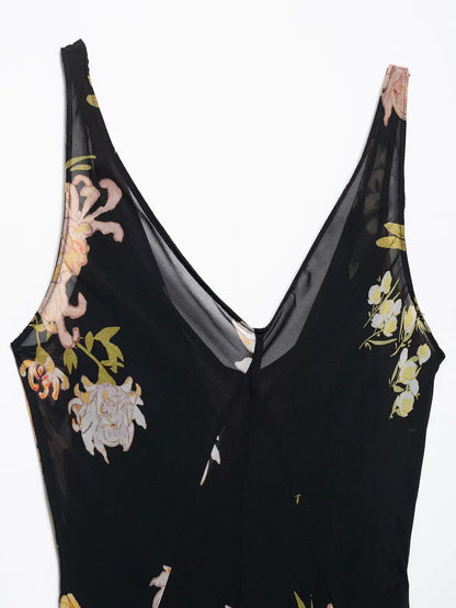 Women's Summer V-Neck Sleeveless Midi Dress Female Sexy Printed Pleated Decoration Sling Waist Evening Party Dress