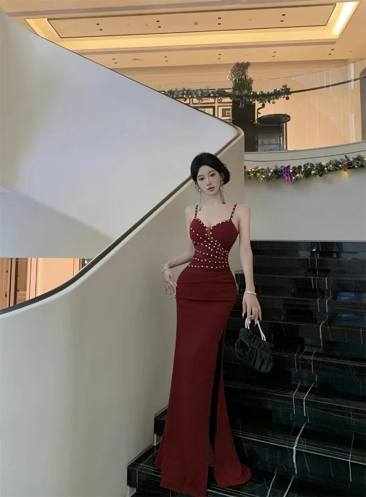 Dresses Women Sleeveless Sexy Split Slim Slash Neck Backless Rhinestone Elegant Temperament Party Dress Female Fashion