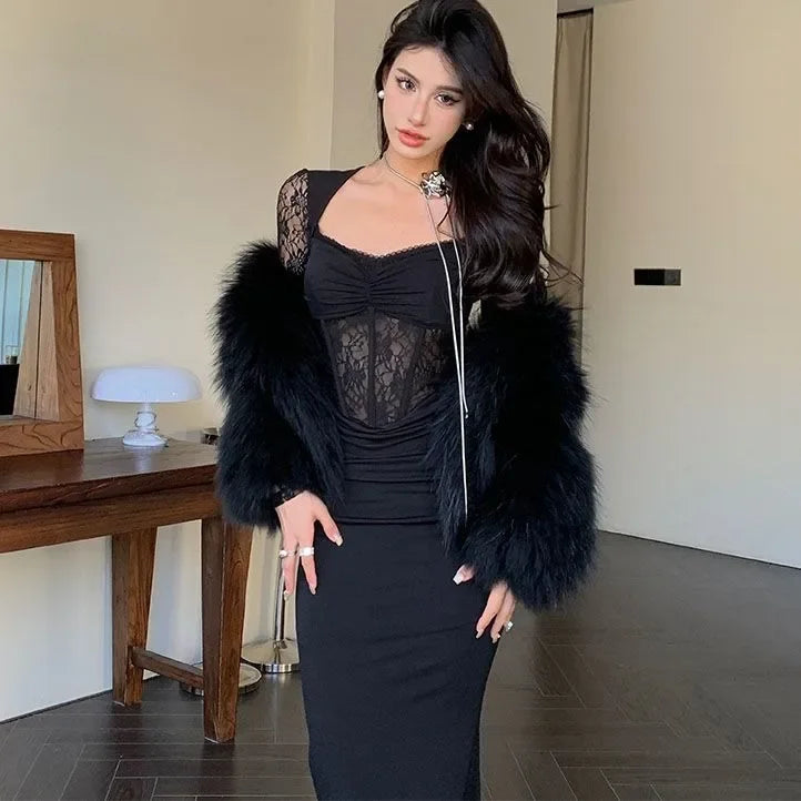 Black Lace Stitching Slightly See-through Dress Women Temperament Evening Short Dresses Autumn New Party Long Bodycon Dress