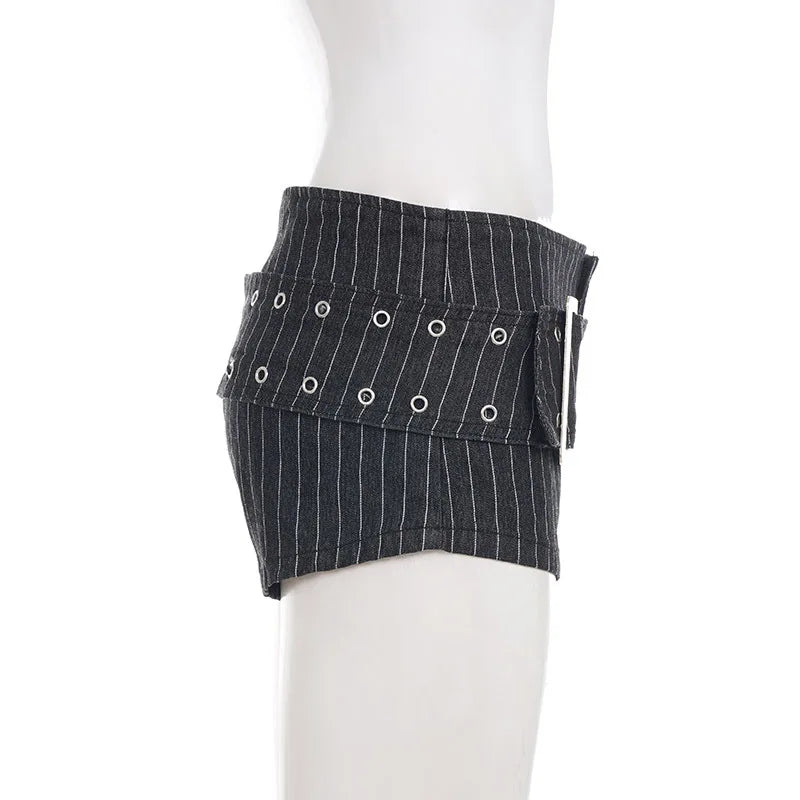 Y2K Striped Denim Shorts Women Summer Streetwear Sexy Hot Pants Metal Eyelet Belt Short Jeans Casual Party Club Outfits