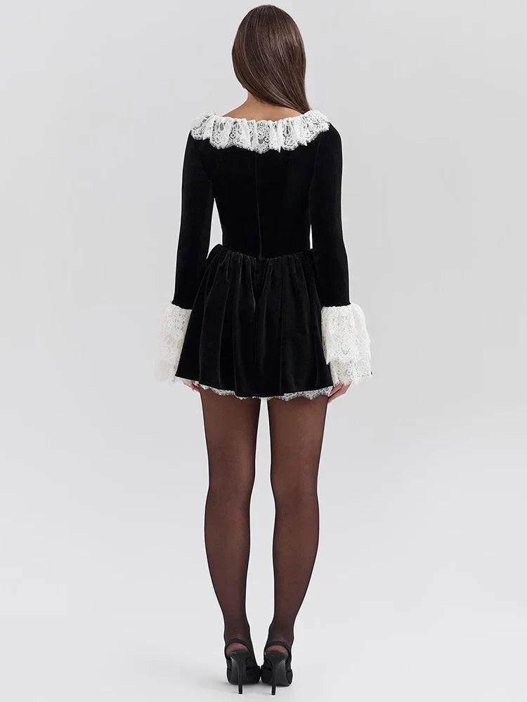 Square Neck Long Sleeve Lace Panel Corset Mini Dress