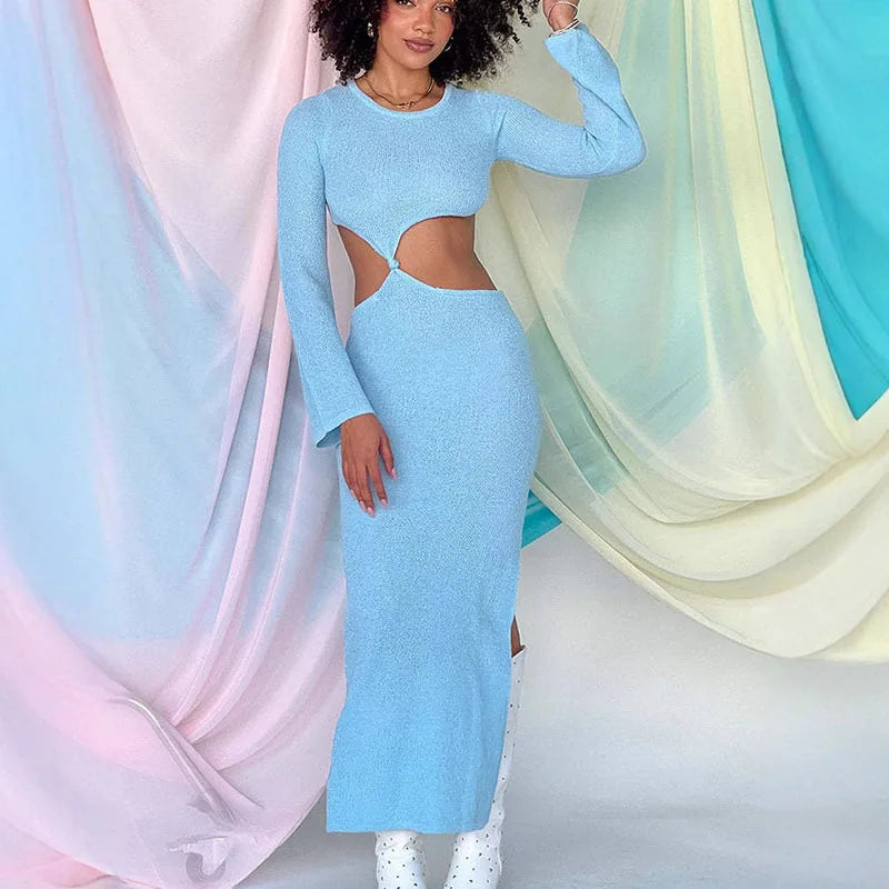 Crew Neck Cutout Twist Waist Side Slit Boucle Knit Maxi Dress