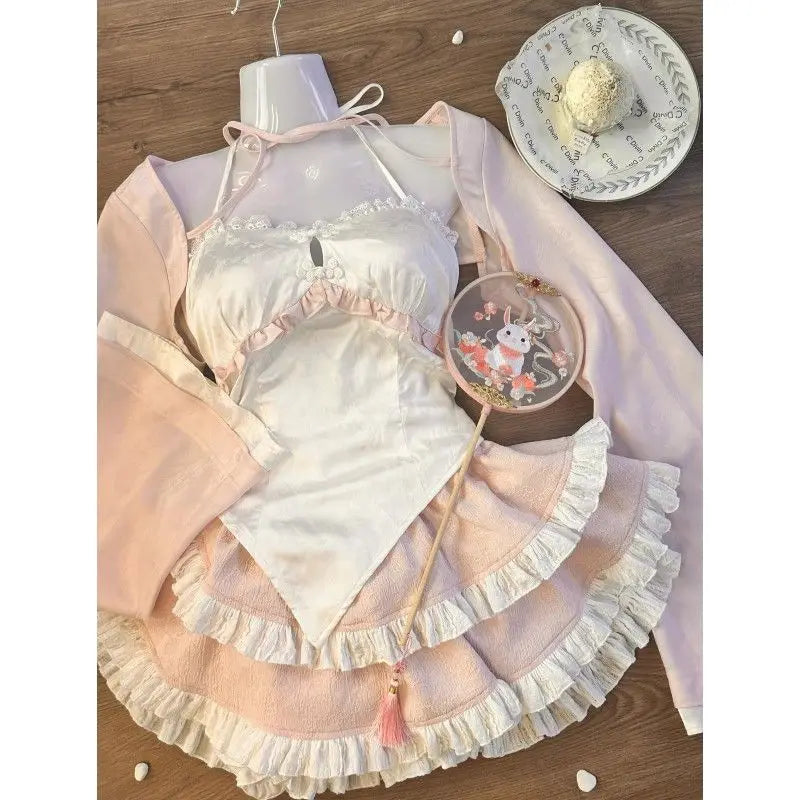 New Chinese Style Pink Cardigan Coat Women+ Irregular Slim Fit Camisole Vest+ High Waist Ruched Lace Skirts Three Piece Sets