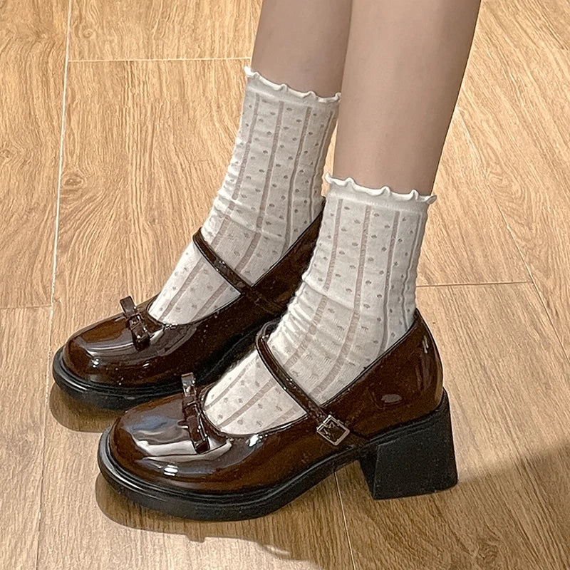 New Cute Patent Leather Mary Jane Shoes Women Autumn Buckle Straps High Heels Pumps Woman Japanese Style Uniform School Shoes