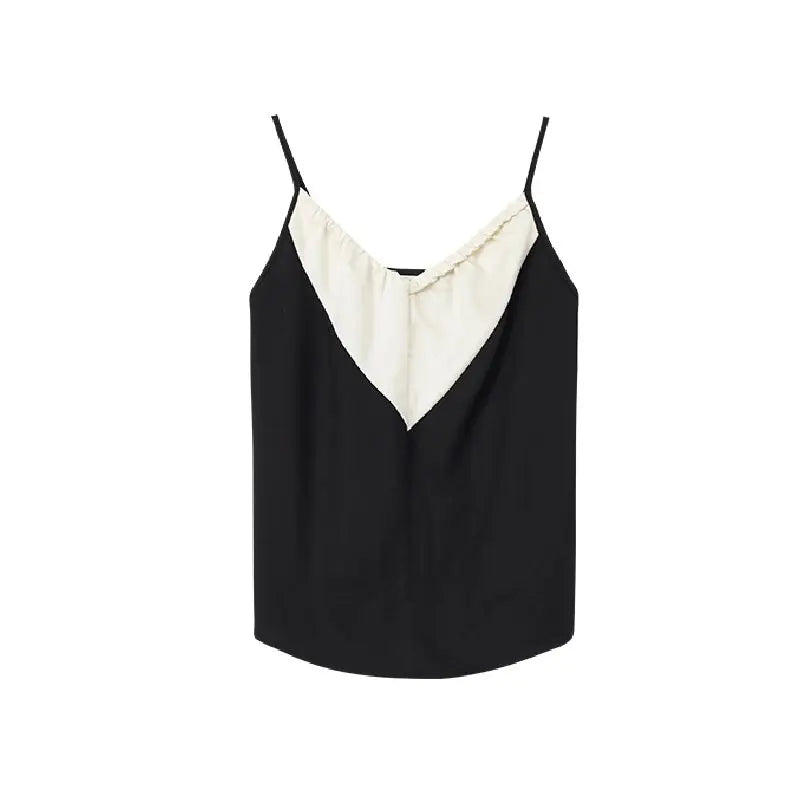 Elegant Satin Crop Top Women Black White Contrast Patchwork Backless Camis Office Lady V-neck Casual Halter Tops Summer