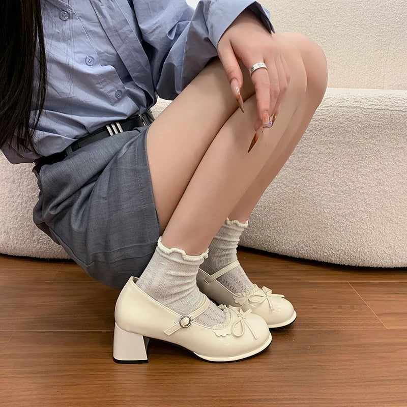 Spring Butterfly-knot Women Mary Jane Shoes Ladies Shallow Buckle Strap Shoes Eelgant Thick Heel Dress Leather Shoes