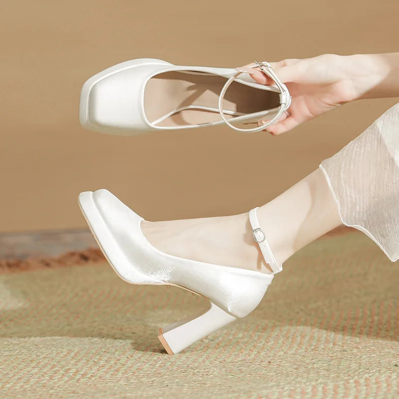 Velvet Shoes Med Square Toe Block Heels High Heeled Sandals Woman Mary Jane Espadrilles Platform Suede Medium Wedding Chunk
