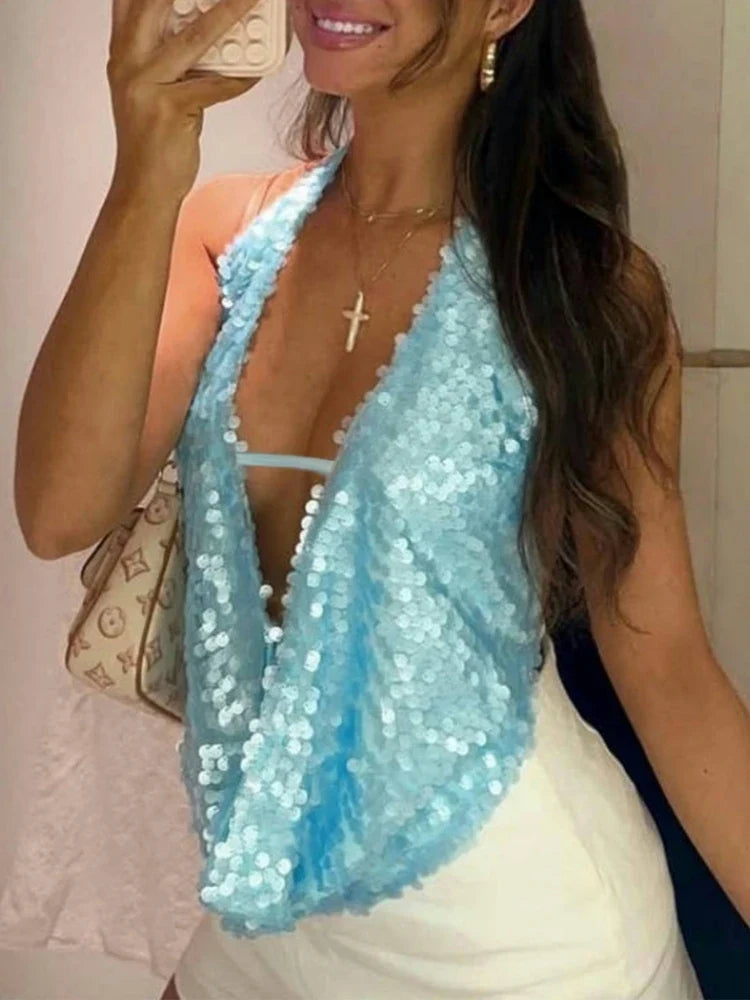 Summer Backless Solid Sequins Women's Tops Sexy Halter Sleeveless Crop Camis Lady Cute Party Shining Top Holiday Beach Tanks
