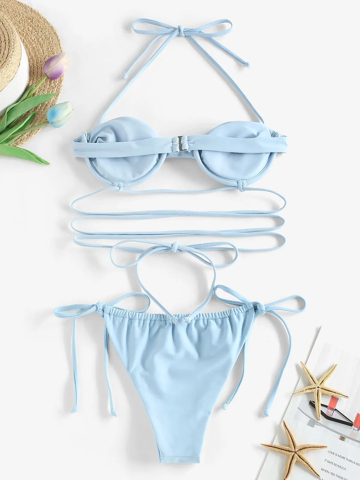 Halter Underwire Floss Tie Loincloth Balconette Bikini Swimwear