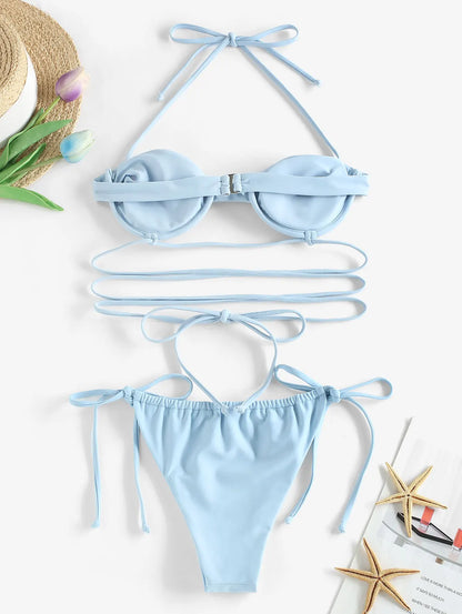 Halter Underwire Floss Tie Loincloth Balconette Bikini Swimwear