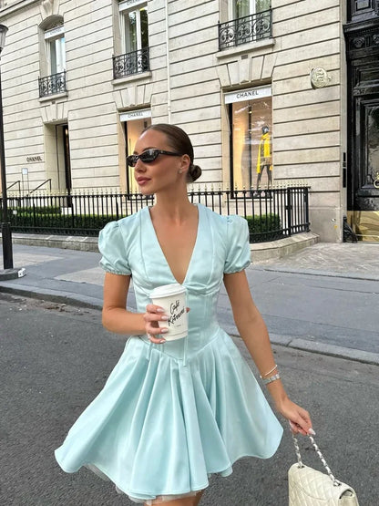 Women Elegant Satin Solid Lace Up Pleated Hem Dresses Chic V-neck High Waist A-line Mini Dress 2024 New Lady Evening Party Prom