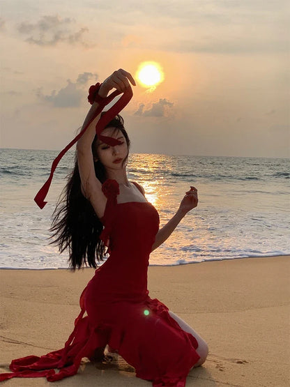 Fashionable Suspender Sexy Floral Red Dress Summer Print Elegant V-neck Pullover Tie Tight Women's Backless Long Dress Z639
