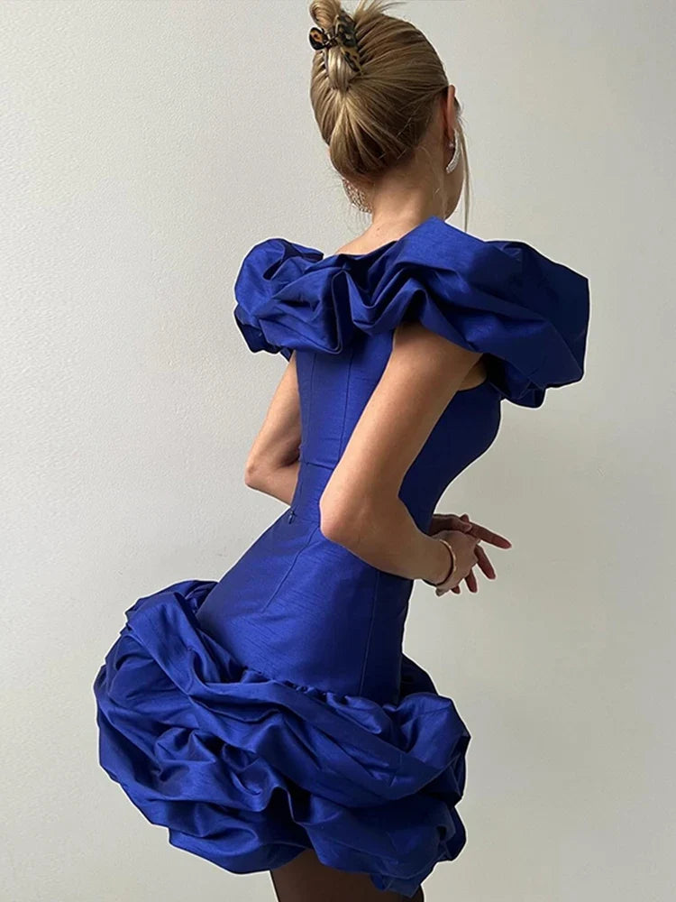 Elegant Women's Suit Slash Neck Pleated Slim Short Top High Waist Zipper Puffy Ruffles Mini Skirt Set Lady New In Matching Sets