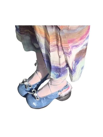 Mary Jane Shoes Women's Spring/summer New Fashion Denim Blue Round Head Thick Sole Buckle Single Shoes