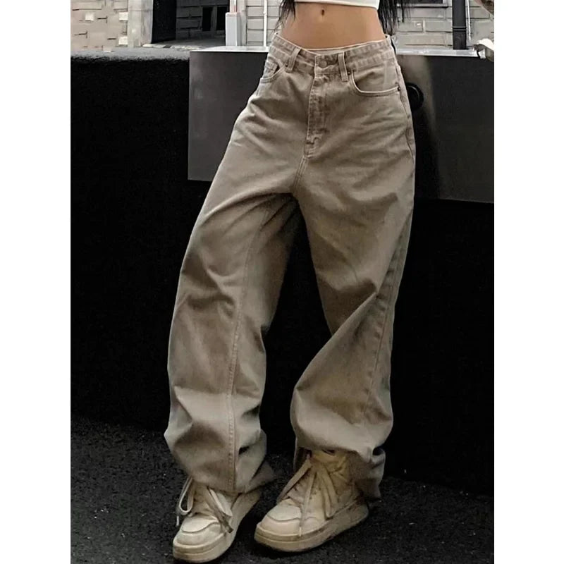 Women's Casual Retro Wide Leg Baggy Denim Trouser Harajuku Solid High Waist Loose Jeans Autumn American Vintage Pants