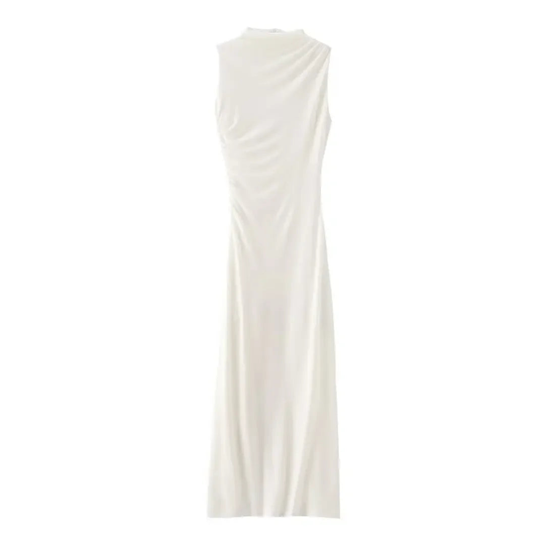 Elegant Slim Sleeveless Half High Collar Dresses Women Sexy Pleated Solid Evening Dress Female Summer New 2024 White Party Robe