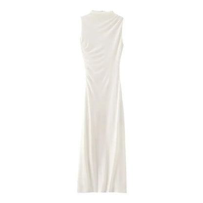 Elegant Slim Sleeveless Half High Collar Dresses Women Sexy Pleated Solid Evening Dress Female Summer New 2024 White Party Robe