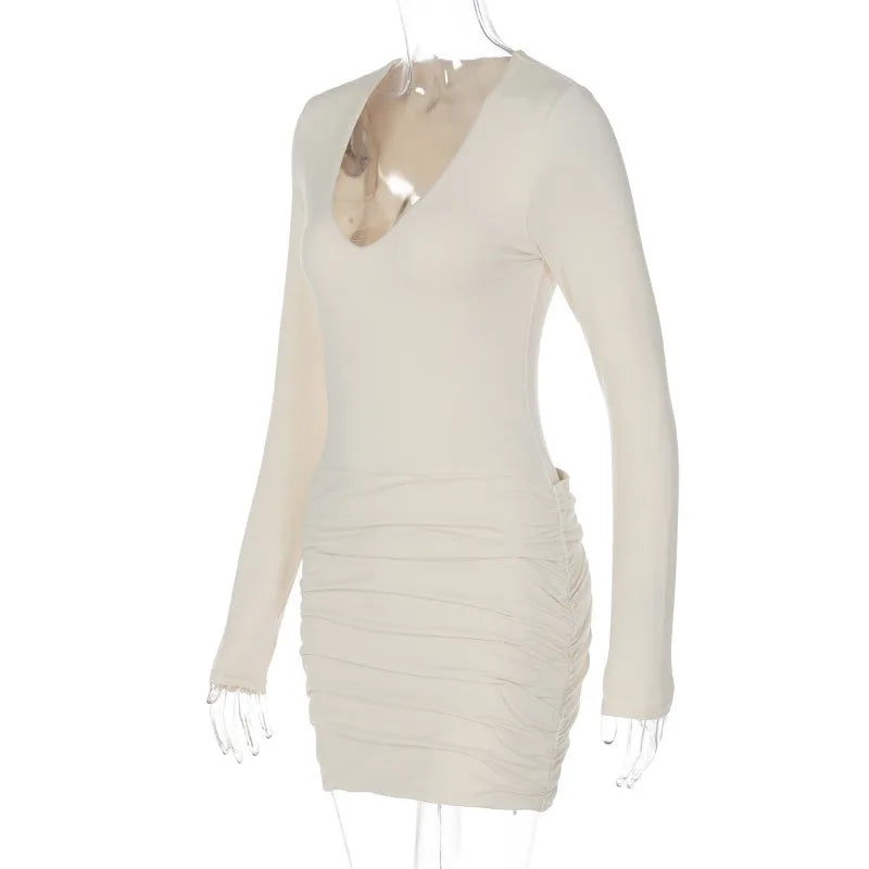 Women Solid Basic Ruched Bodycon Mini Dress Sexy V Neck Long Sleeve Peach Hips Slim Party Clubwear Autumn Casual Streetwear