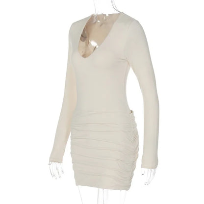 Women Solid Basic Ruched Bodycon Mini Dress Sexy V Neck Long Sleeve Peach Hips Slim Party Clubwear Autumn Casual Streetwear