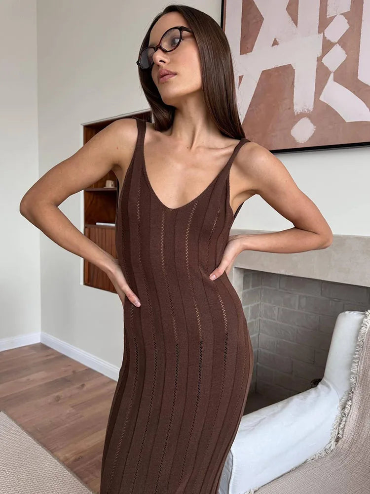 Plunging V-Neck Wide Strap Ribbed Pointelle Knit Bodycon Maxi Dress