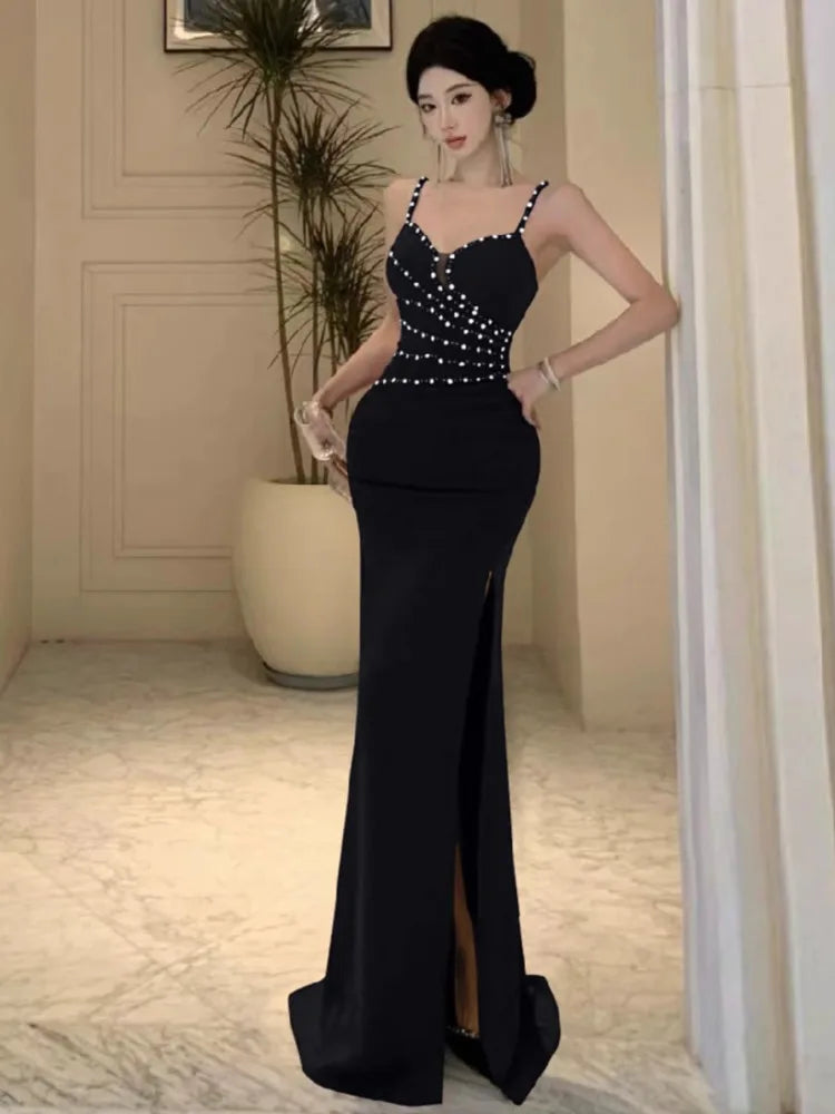 Dresses Women Sleeveless Sexy Split Slim Slash Neck Backless Rhinestone Elegant Temperament Party Dress Female Fashion