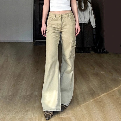Y2K Casual Women Straight Jeans Khaki Fashion Pocket Cargo Pants Retro 90s Loose Denim Trousers Spring High Street
