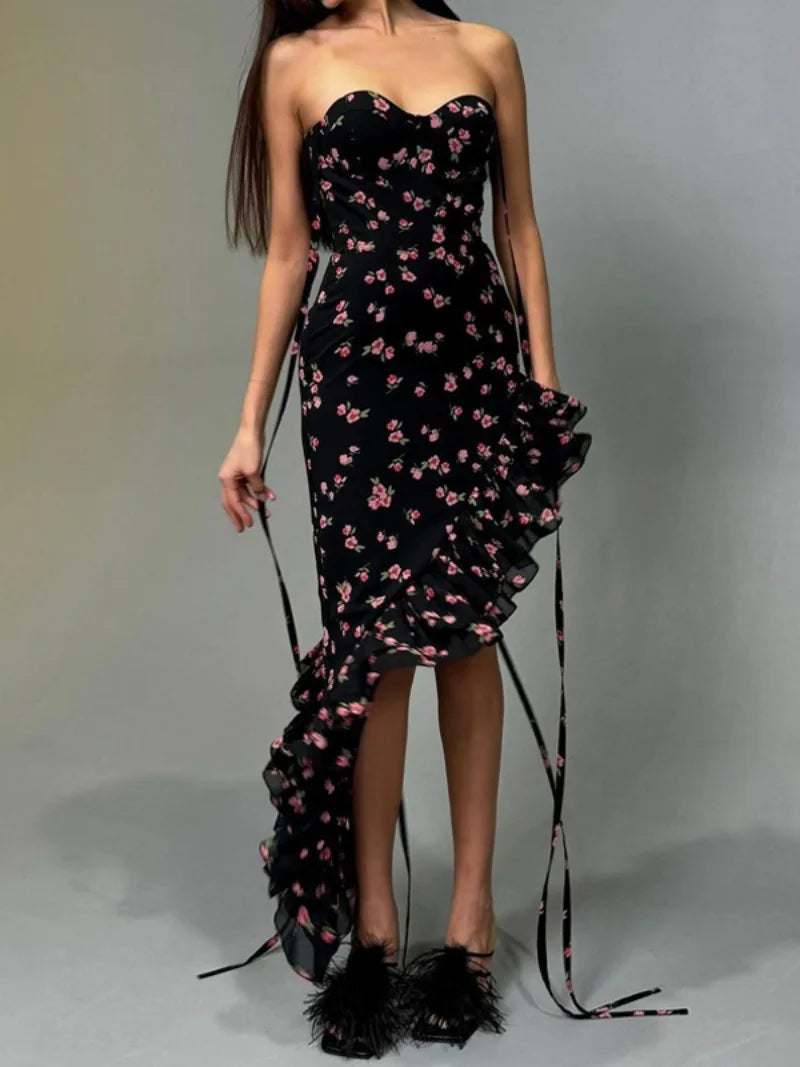 Women's Floral Print Bandage Suspender Holiday Dress Sexy Summer Lace-up Sleeveless Irregular Mesh Ruffles Black Evening Dresses