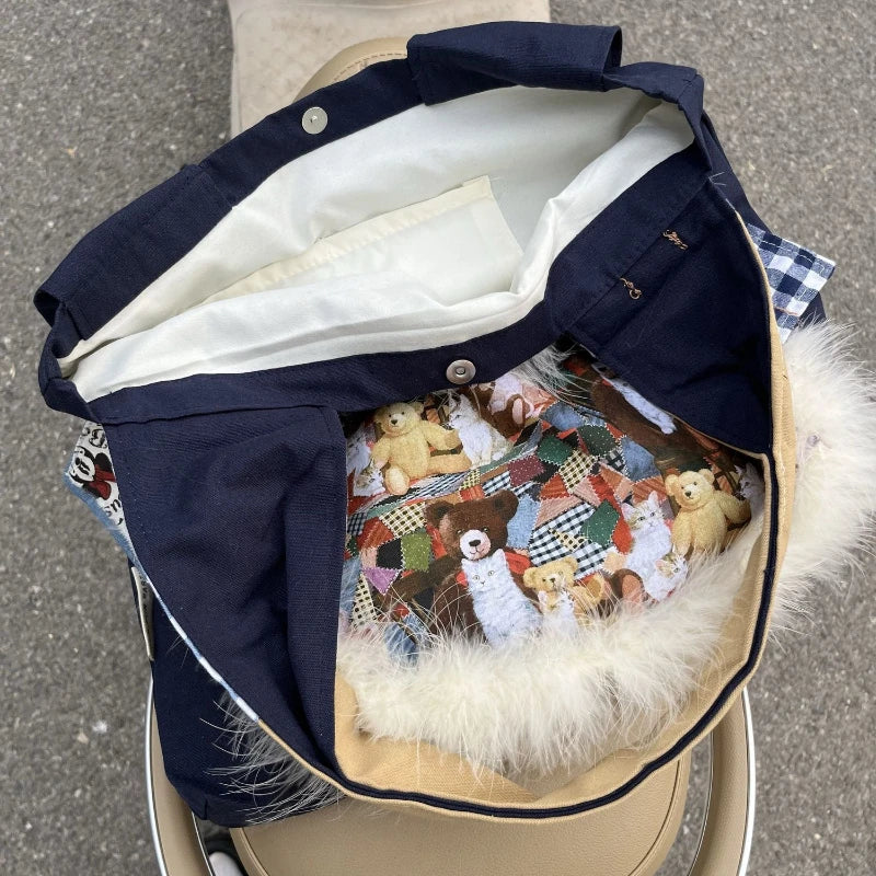 Fur Patchwork Vintage Plaid Shoulder Bags Sweet Y2k Cartoon Bear Chic Bow Handbags Casual Women Harajuku Ins Grunge Underarm Bag