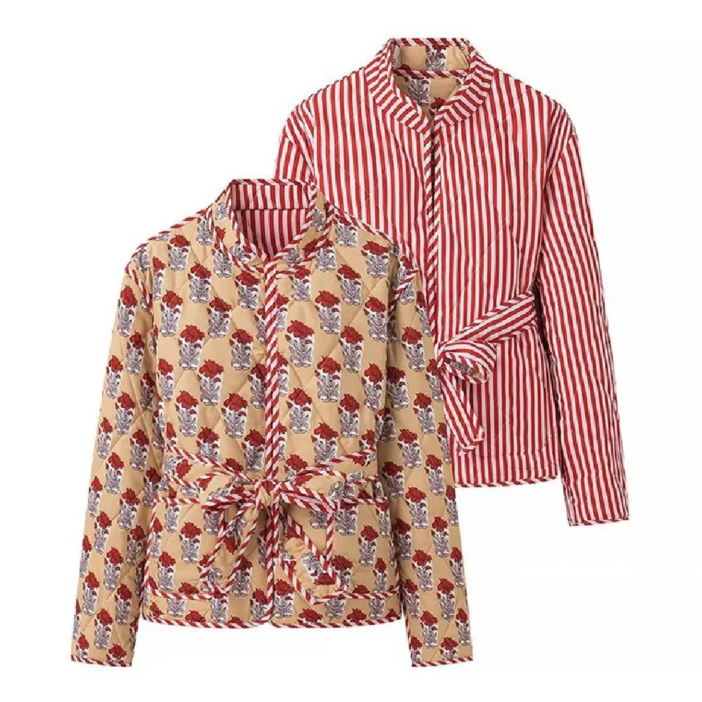 Autumn Winter Totem Flower Striped Print Tie Bow Sashes Quilted Reversible Coat Women Quilting Full Sleeve Loose Jacket