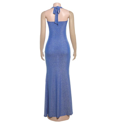 Glitter Halter Square Neck Mermaid Flare Maxi Dress