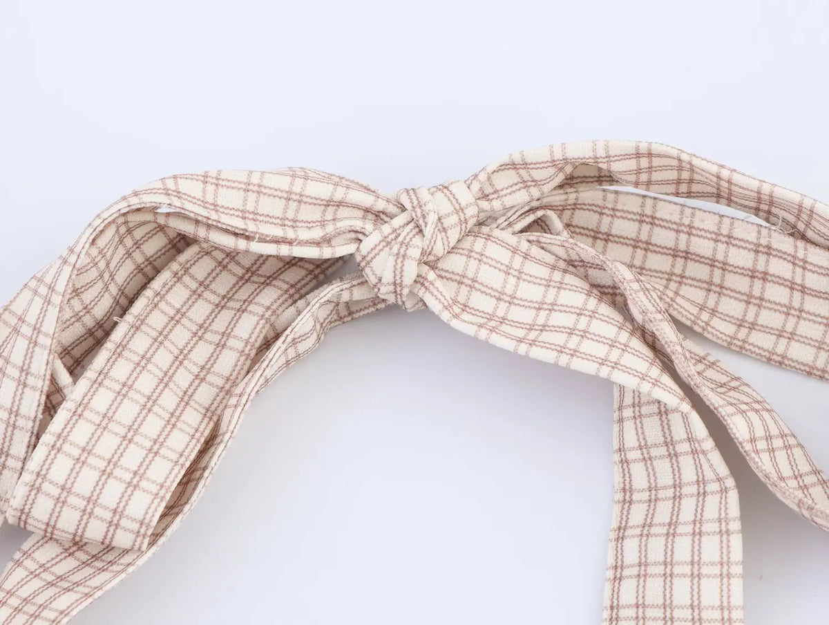 Summer New Khaki Plaid Fashion Short Dress High Waist A-line Hanging Neck Summer Dress Y2K Sweet Chic Woman Clothing
