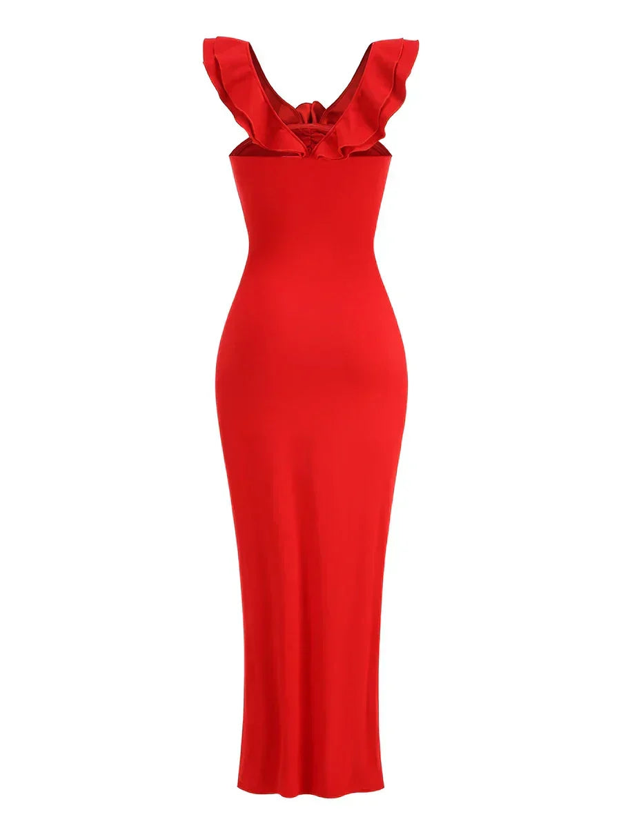 Strapless Cascading Ruffle Flower Rosette Column Maxi Dress