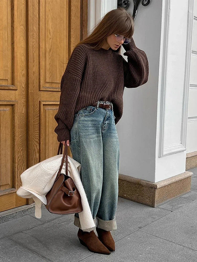 Vintage Women's Crochet Sweater Autumn Winter Loose O-neck Long Sleeve Solid Pullover Lady Knit All-match Knitwear Female Casual