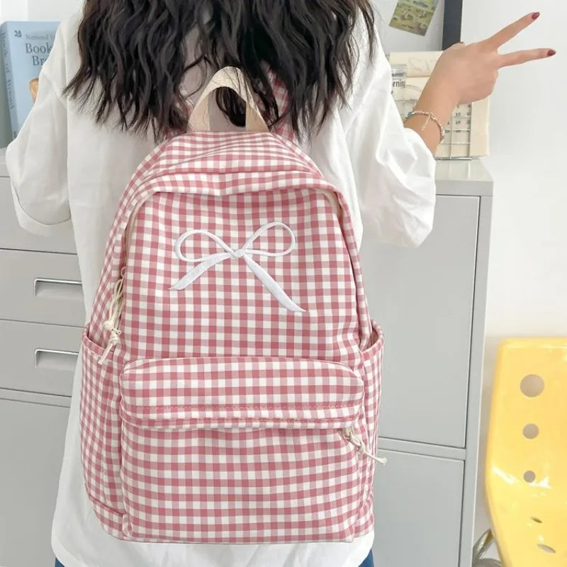 Y2k Aesthetic Bow Contrast Color Plaid Backpack Women Casual High-capacity Ins Schoolbags Fashion Chic Ins Backpacks for Sudents