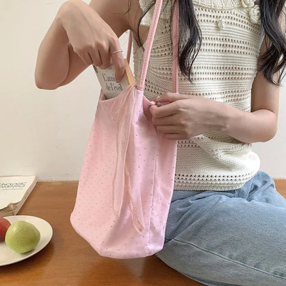 Sweet Girl Shoulder Bag Women's Korean Diamond Handbags New Summer Nylon Bow Tote Bags