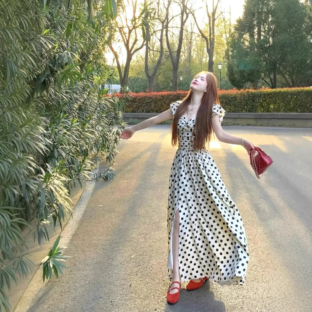 Polka Dot Dress Women's Summer High-end Seaside Vacation Xiaofei Sleeve Temperament Waist A-word Long Skirt