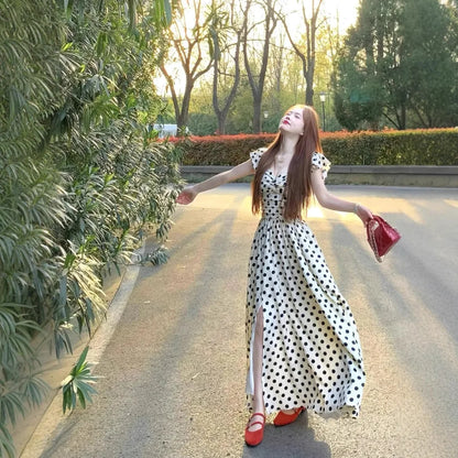 Polka Dot Dress Women's Summer High-end Seaside Vacation Xiaofei Sleeve Temperament Waist A-word Long Skirt