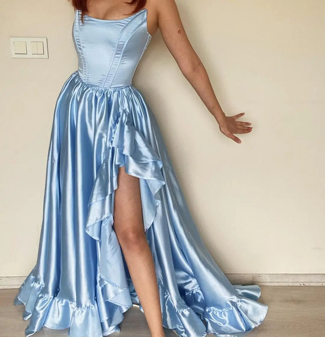 Elegant Royal Blue Ruffled Corset Evening Party Dress Sexy Off-shoulder High-low Birthday Tight Prom Gown with Leg Split