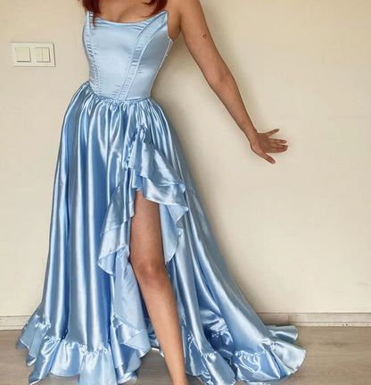 Elegant Royal Blue Ruffled Corset Evening Party Dress Sexy Off-shoulder High-low Birthday Tight Prom Gown with Leg Split
