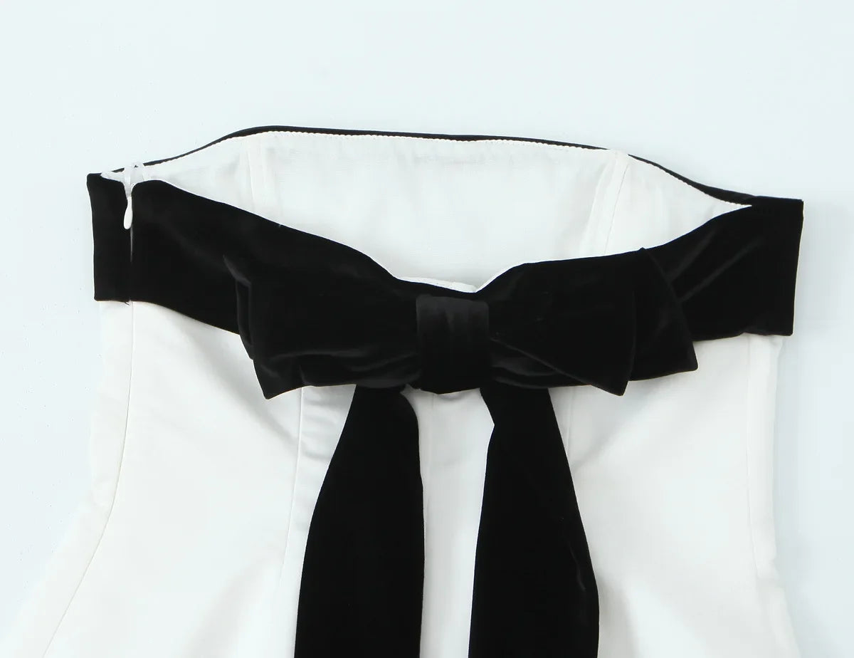 New In Women's Patchwork Velvet Strapless Bustier Tops Straight Neck Side Zipper Bow Camis Female Sexy Fashion Party Wrap Tanks